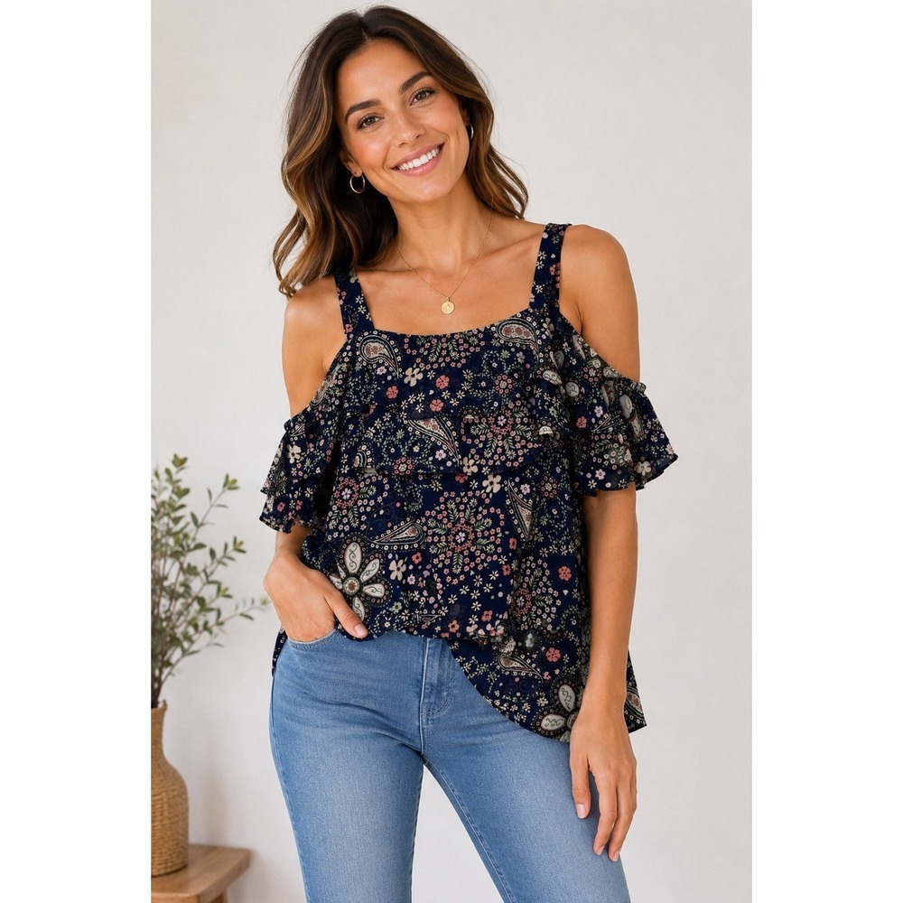 Coco Bianco Navy Floral Paisley Cami Top Women's Size M Boho Ruffle Festival